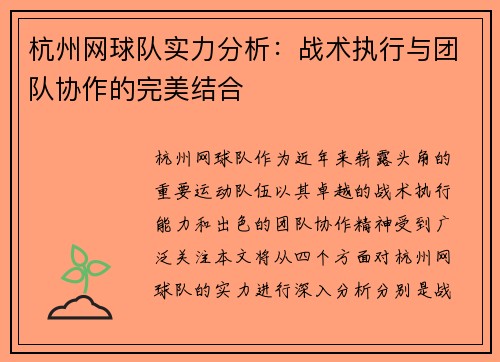 杭州网球队实力分析：战术执行与团队协作的完美结合